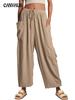 Summer Women's Wide Legged Pants Elastic Waist Pleated High Waist Wide Legged Pants Loose Casual Cotton Linen Pants