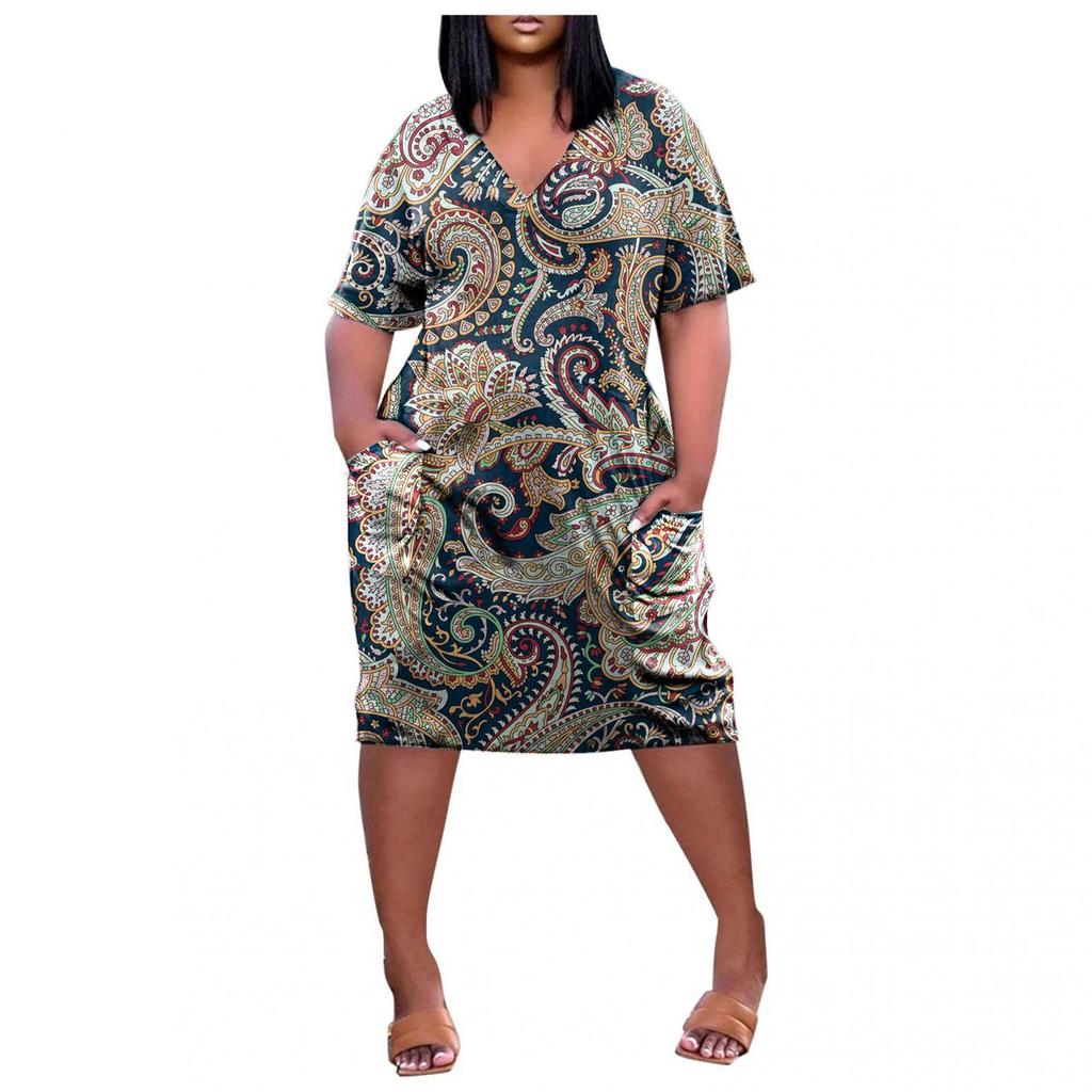 Women's Summer Plus Size V-Neck Short Sleeve Knee Pocket Printed Casual Dress