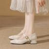 Mary Jane Shoes Spring and Summer New Square Head Single Shoes Women's Medium Thick Heel One-word Buckle with Shallow Mouth Wedding Shoes Women
