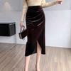 Women Midi Skirt High Waist Irregular Front Slit Design Golden Velvet Skirt Solid Color Design Leg-shaping Skirt