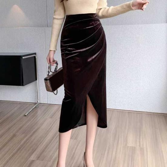 Women Midi Skirt High Waist Irregular Front Slit Design Golden Velvet Skirt Solid Color Design Leg-shaping Skirt