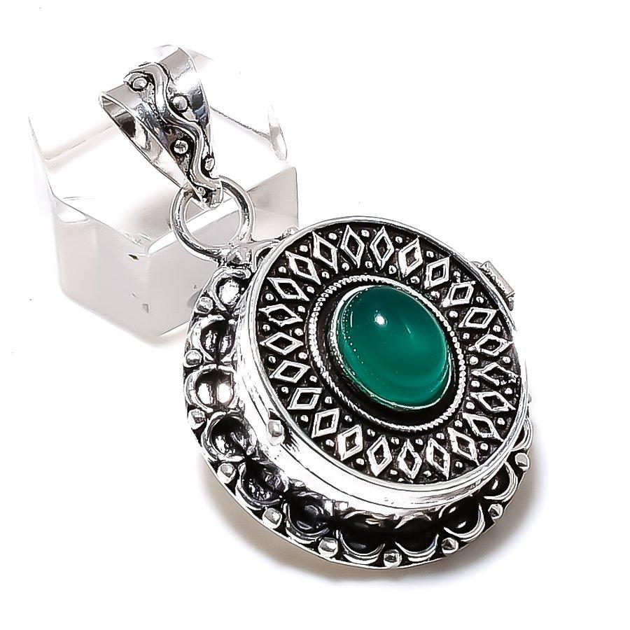 Natural Green Onyx Gemstone Handmade 925 Sterling Silver Pendant 1.77" k4G03