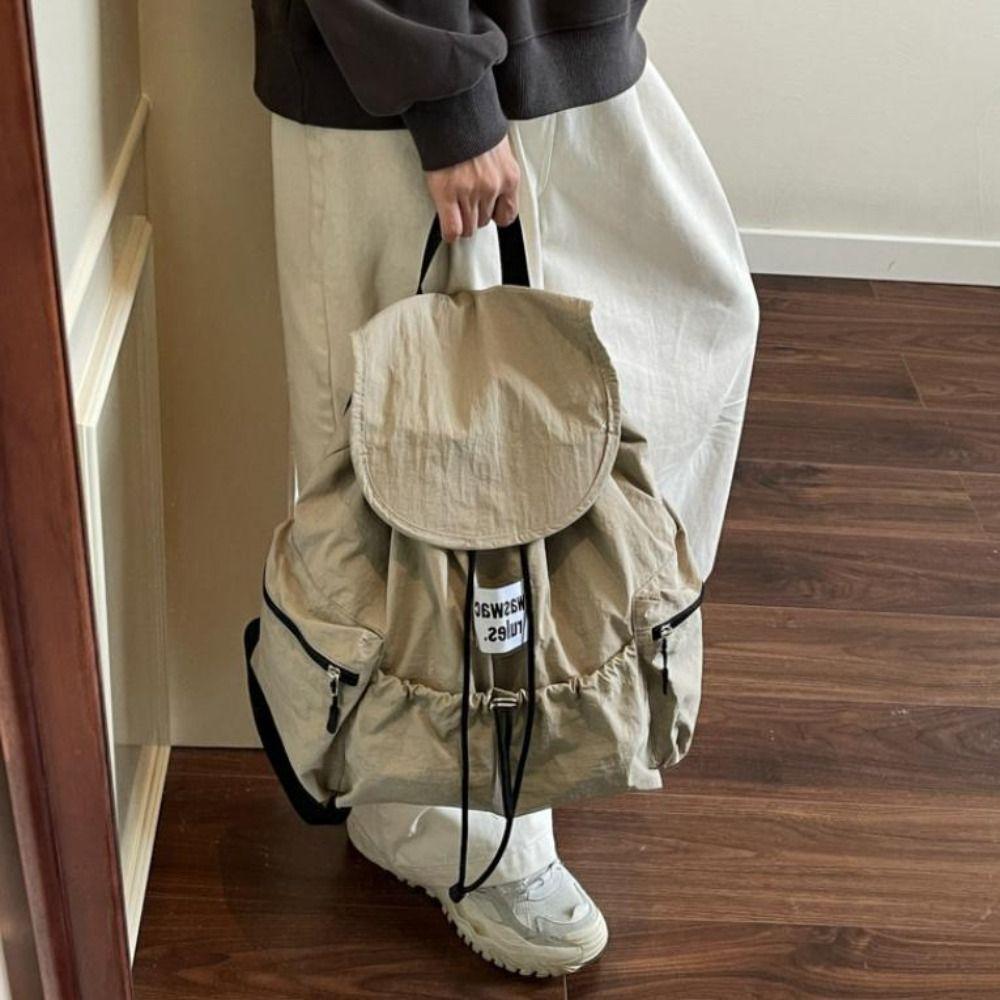 Solid Color Ruched Shoulder Bags Nylon Student Schoolbag Simple Drawsting Backpacks Outdoor