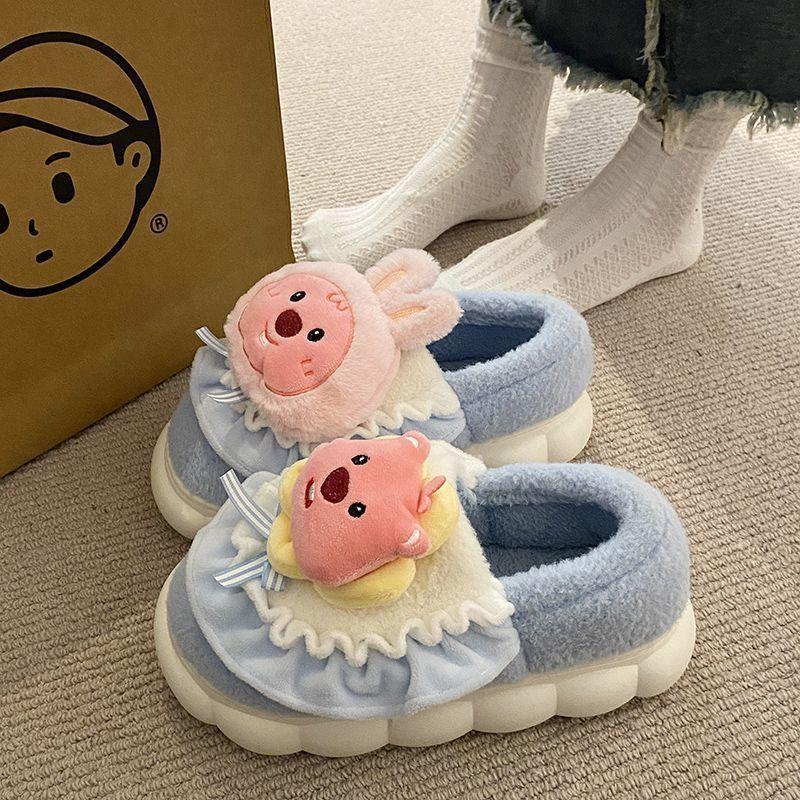 Women Slippers Cartoon Cute Cotton Slippers Thick Bottom Mute Home Warm Skin-friendly Plush Winter Fur Slippers Female Winter