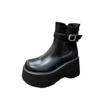 High Platform Ankle Boots Women Chunky Heel Chelsea Boots PU Leather Back Zip Belt Buckle Design Black Short Boots Botas Mujer