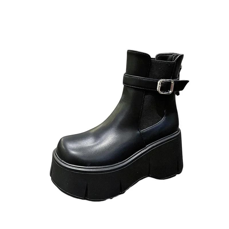 High Platform Ankle Boots Women Chunky Heel Chelsea Boots PU Leather Back Zip Belt Buckle Design Black Short Boots Botas Mujer