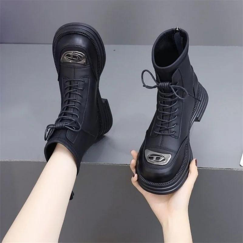 Large Size Warm Booties With Laces Elegant Medium Heels Lace-up Women's Ankle Boots Winter 2024 Autumn Chic Female Short Shoes