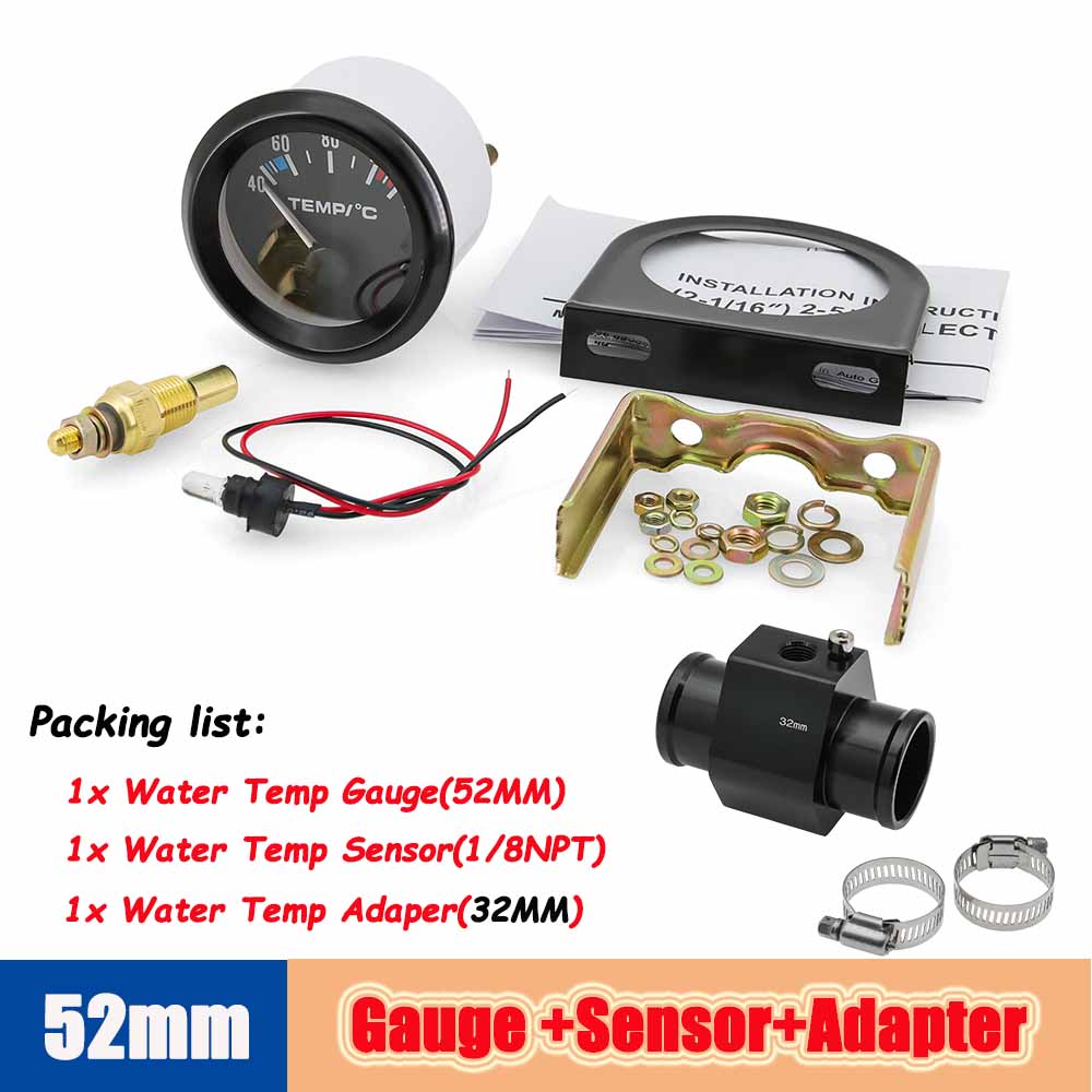 52mm Water Temperature Gauge 40-120 Celsius with Adaptor Joint Pipe Radiator 1/8NPT Sensor Car Racing Water Tank Level Indicator
