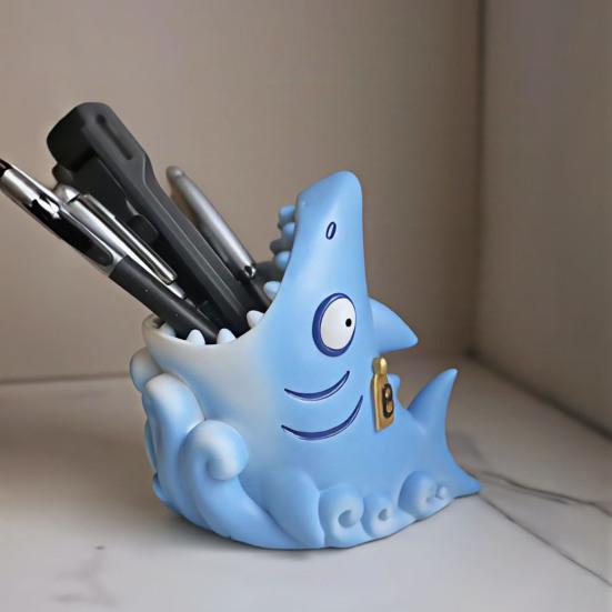 Shark Shape Pen Holder Stable Non-Slip Design Storage Box Large Capacity Stationery Makeup Brush Toothbrush Organizer