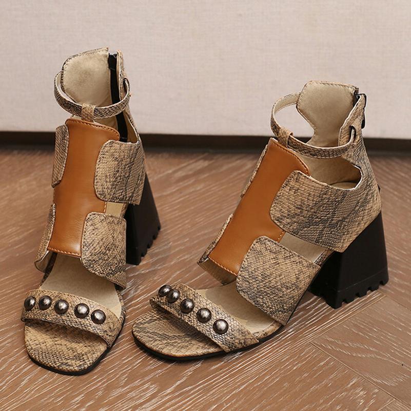 FOREADA Women Sandals Thick High Heels Round Toe Rivets Zipper Fashion Party Summer Shoes Black Brown Blue White 33-46