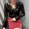 Spring Autumn New Slim Fit Long Sleeve V-Neck Bottoming Shirt Fashion Mesh Flocking Hollow Top Lace Tshirt