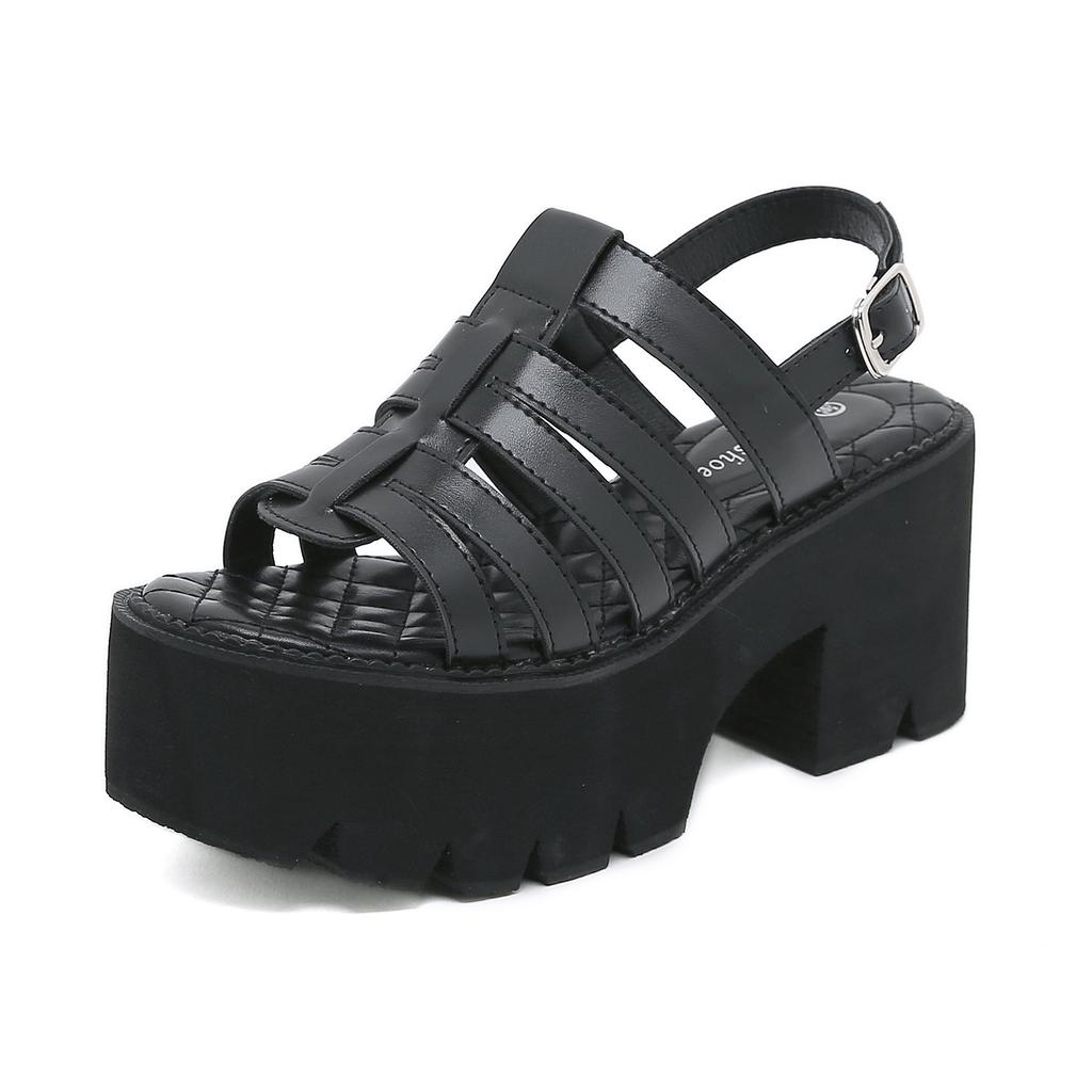 Black Chuky Heel Gladiator Sandals Platform Women Shoes Pumps Ankle Strap Open Toe Casual Shoes Cosplay Lolita Zapatos De Mujer