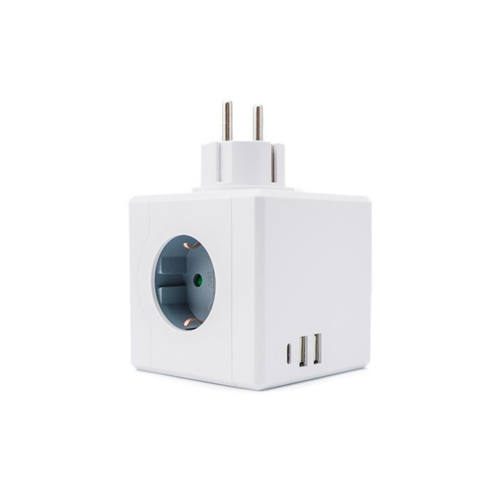 3680W 250V EU Plug Multifunction Adapter Cube Multi-Plug Extension Wall Outlet with 2 USB Charging Ports 3 AC Portable Sockets
