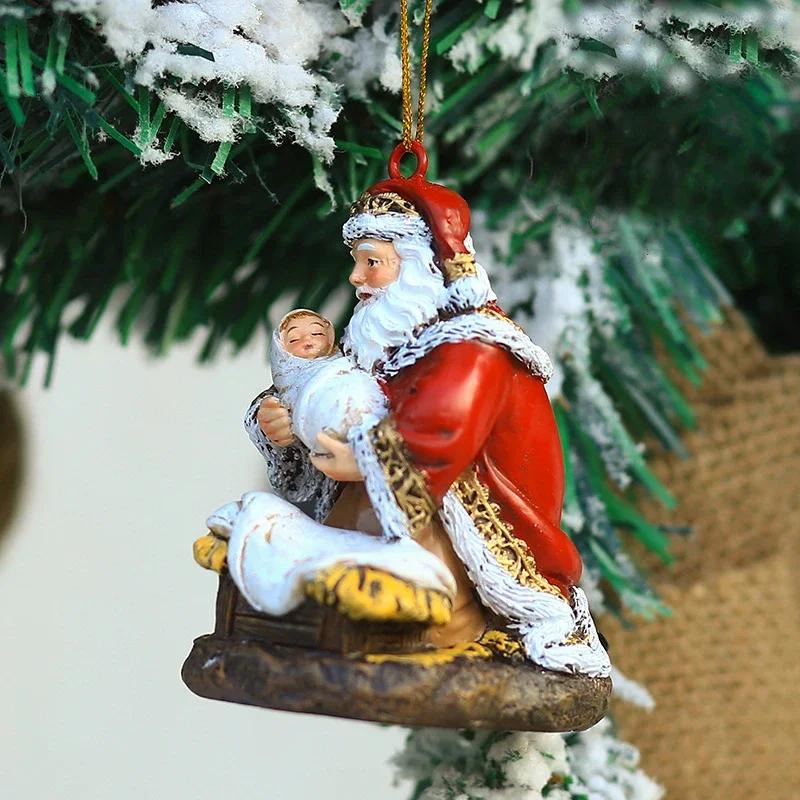 Christmas Series Hanging Ornaments Resin Hugging Santa Claus Figurines Mini Santa Pendant Xmas Tree Home Party Decor Supplies
