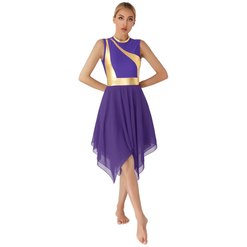 Womens Modern Lyrical Dance Costume Color Block Patchwork Sleeveless Irregular Hem Dress Dancewear