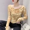 Fashion Mesh Tees Slash Neck Long Sleeve Sunscreen Tshirt Camouflage T-shirts For Women 2023 Summer Slim Fit Clothes 27941
