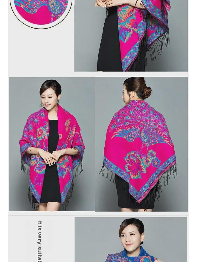 Lijiang Ethnic Style Double-Sided Phoenix Jacquard Cashmere Shawl and Scarf for Women