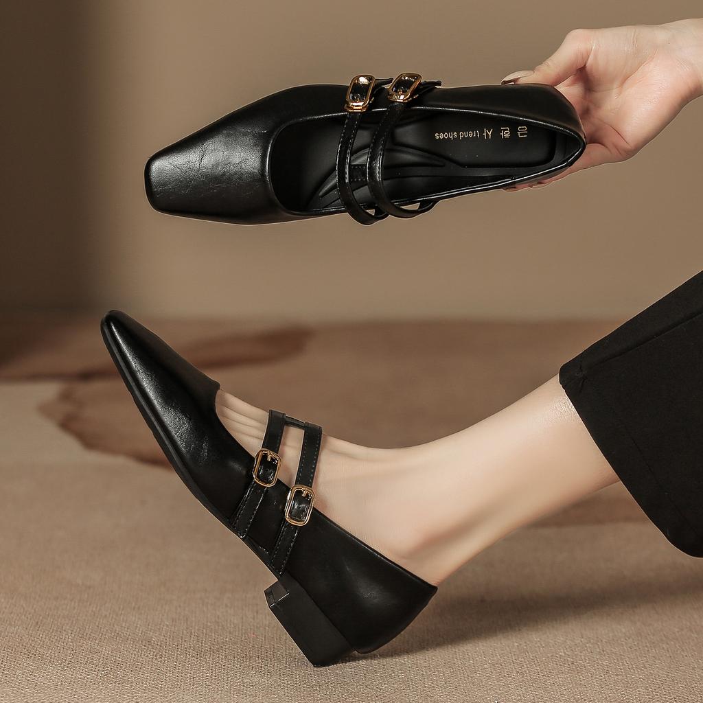 Autumn and Winter New Single Shoes Square Head Retro Thick Heel with Mary Jane Low Heel Light Mouth Leather Shoes Soft Sole Soft Surface Advanced