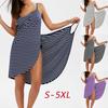 Women Fashion Sleeveless Stripes Print Cotton Casual Beach Wear Wrap Cover Up Dress Plus Size S-5XL