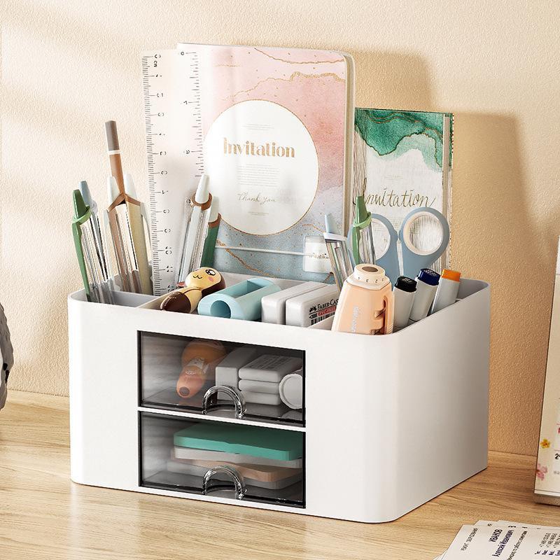 Creative Transparent Drawer Storage Box Desktop Cosmetics Organizer Student Large Capacity Pen Holder School Office Stationery Supplies