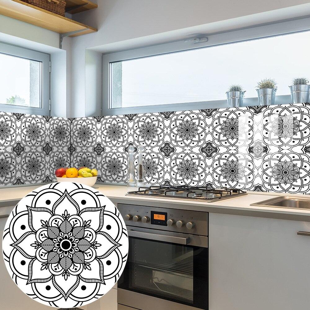 10pcs Black and White Mandala Tiles Wall Sticker Kitchen Backsplash Wardrobe Counter Home Decor Self-adhesive Waterproof Art Mural