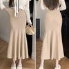 Fishtail Skirt Elastic High Waist Hip Wrapped Maxi Skirt Solid Color Office Lady Knitting Long Skirt Work Leisure Wear