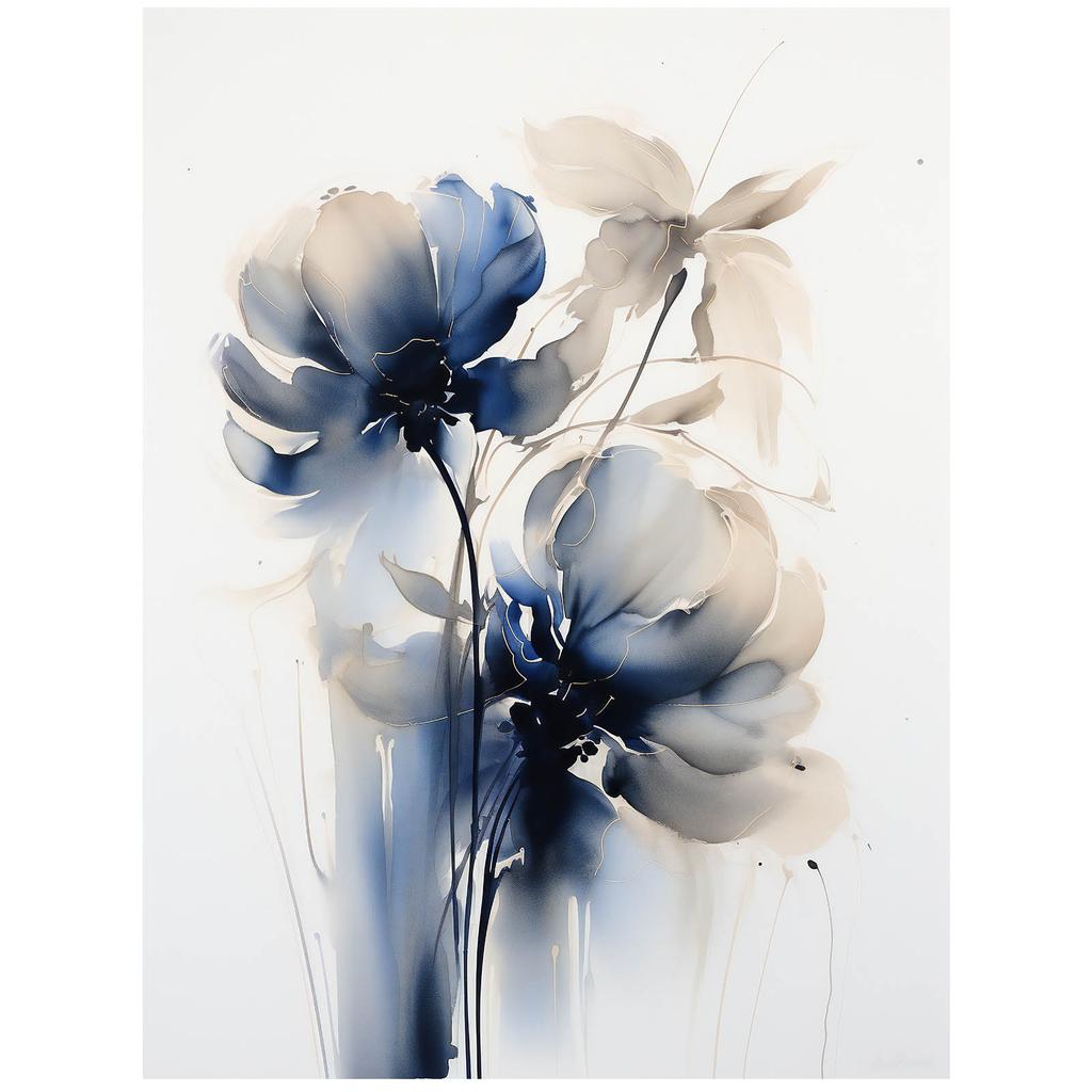 Blue Flowers In Watercolor Blue Flowers In Watercolor, 50X70 Cm, Dark Brown Wooden Frame, 230 Gsm Matte Paper