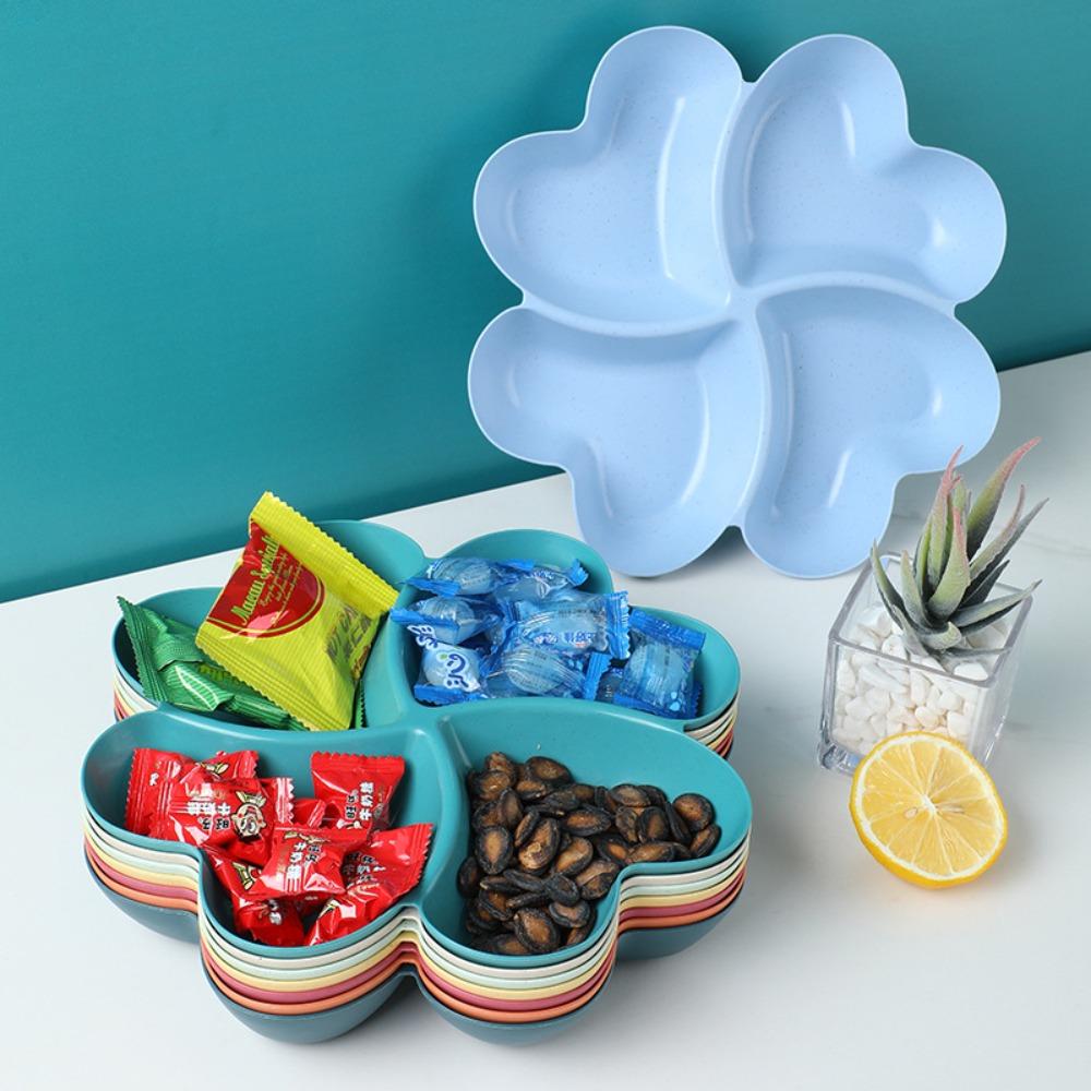Wheat Straw Appetizer Serving Platter Unbreakable 4-Compartment Food Storage Tray Four Leaf Clover Shape Snacks Serving Dish