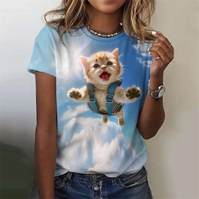 3D Printed Cute Animal T Shirt For Women Funny Cat Pattern Tees Summer Harajuku T-Shirts Round Neck Tops Loose Short Sleeves