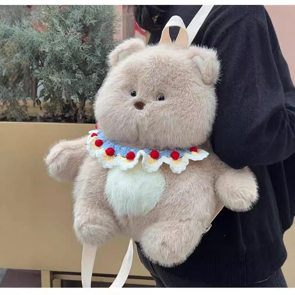 Rabbit With Bear Bib Plush Toy Backpack Stuffed Doll Cartoon Gift Decoration