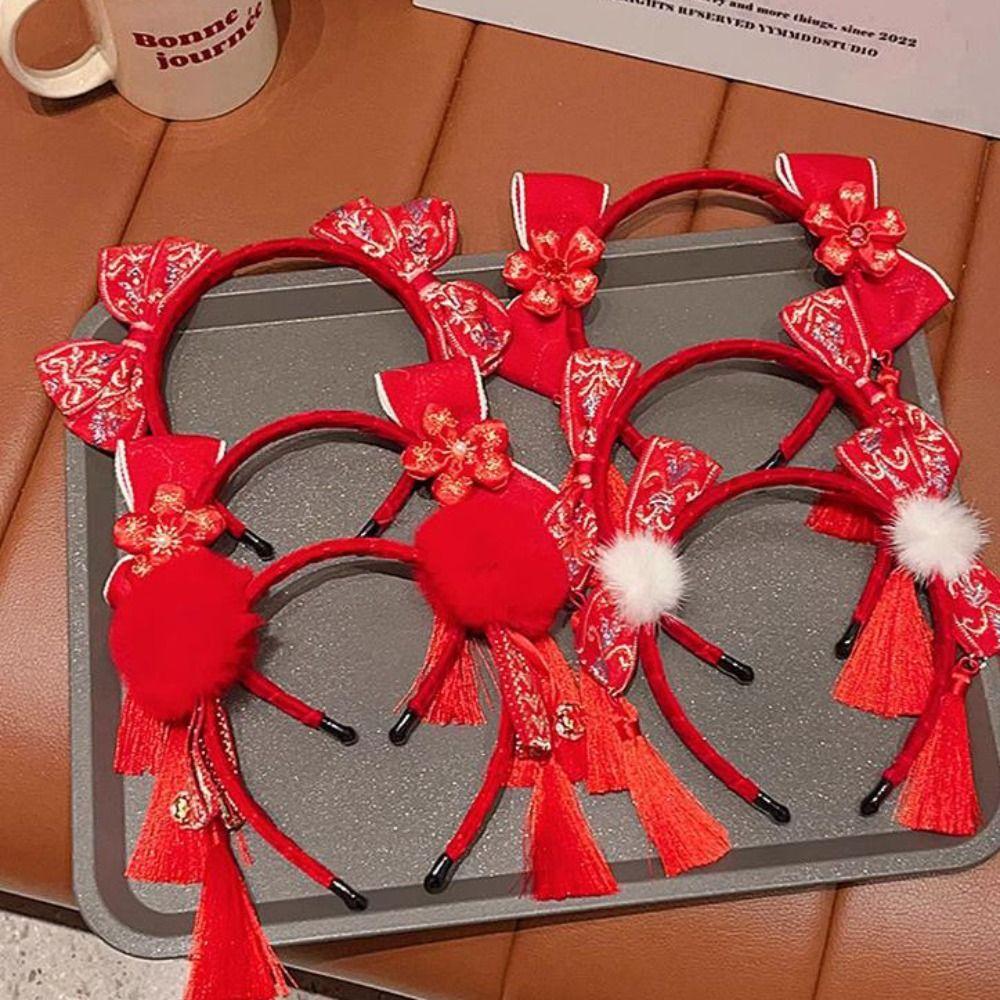 Tassel Hanfu Hair Bun Hair Hoop Plush Ball Red Hairband Simple Chinese New Year Headwear Children