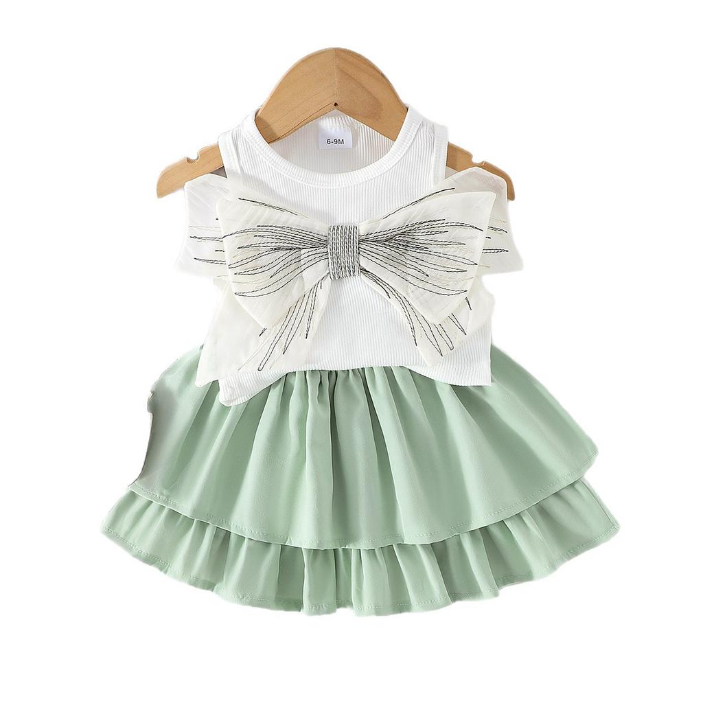 Girls' Sweet Set Summer Children's Fashion and Cute Bow-decorated Sleeveless Top + Puffy Skirt Set