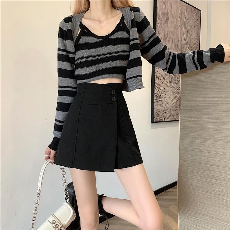 Women's High Waist Wide-Leg Skirt-Pants: 2025 Spring/Summer A-Line Faux Two-Piece Shorts Suit