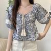 Vintage Ethnic Style Lace-up Square Collar Floral Shirts Women Summer New Loose Puff Sleeve Blouse Woman Elegant Fashion Slim Fit Ladies Shirt 26130