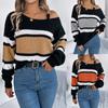 Women's Off Shoulder Sweater - Color Block Striped Bell Sleeve Pullover with Metal Buttons Fall Winter Casual Knitwear