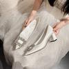 Autumn Fashion Pumps Pointed Toe Square Buckle Rhinestone Satin Women's Medium Heel Shoes Party Wedding Shoes Plus Size
