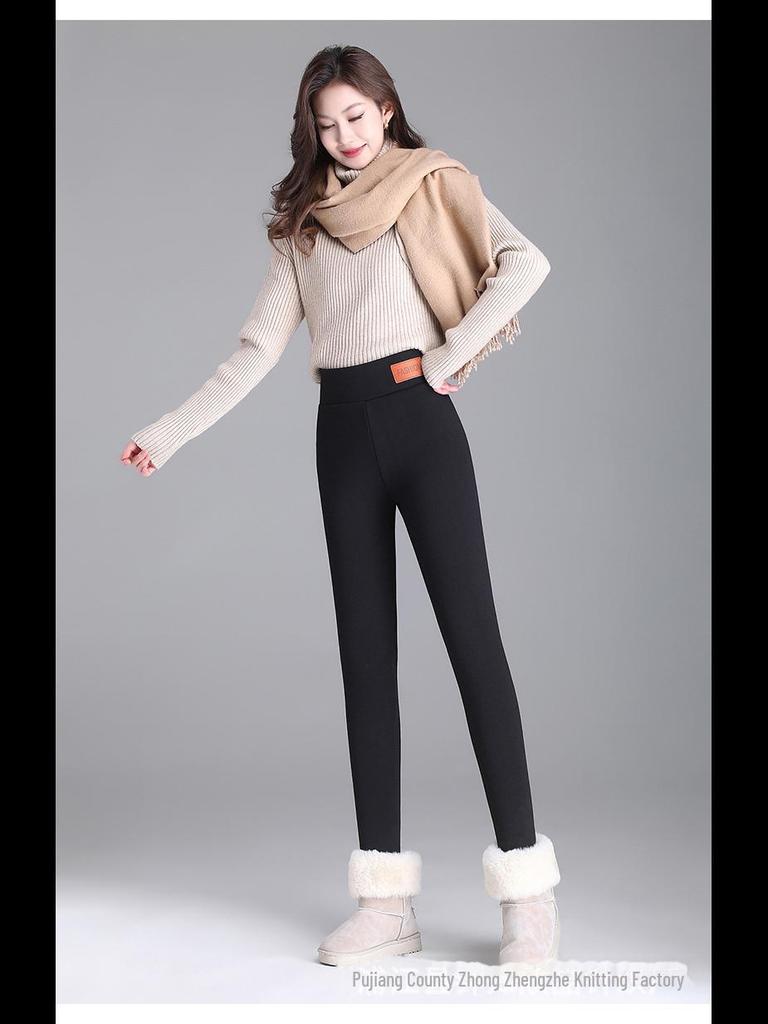Women's High-Waist Lambskin Leggings - Extra Thick, Plus Size, Velvet Lined, Slim Fit, Warm Winter Pants