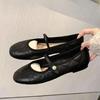 Girl Student Pearl Buckle Buckle Mary Jane Shoes Black Leather Shallow Mouth Shoes Chic Diamond Grid Flat Ballet Single Shoes