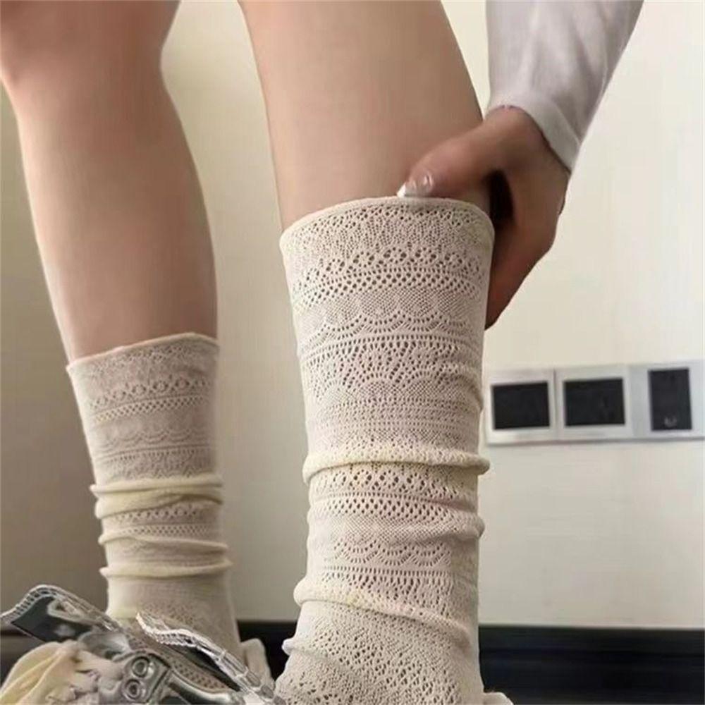 Mesh Hollowed Out White Pile Socks Thin Crew Socks Lolita Lace Socks  Women Ladies