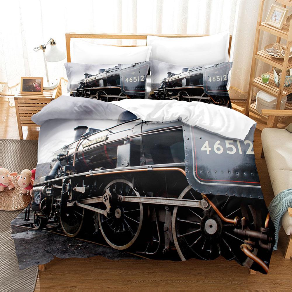 Steam Engine Duvet Cover Set Locomotive Green Black Train On Steel Railway Track Travel Adventure Graphic Print King Queen Size