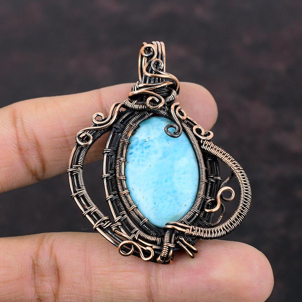 Larimar Pendant Copper Wire Wrapped Pendant Natural Gemstone Pendant Copper Jewelry Handmade Pendant Wire Wrap Larimar Jewelry Gift For Him