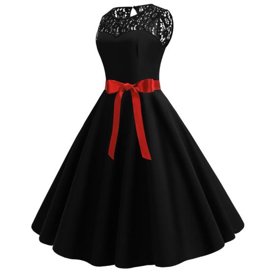 Lady Petticoats Plus Size O-Neck Sleeveless See-through Lace Stitching Ribbon Bowknot Gown Dress A-Line Skater Large Hem Midi Princess Dress