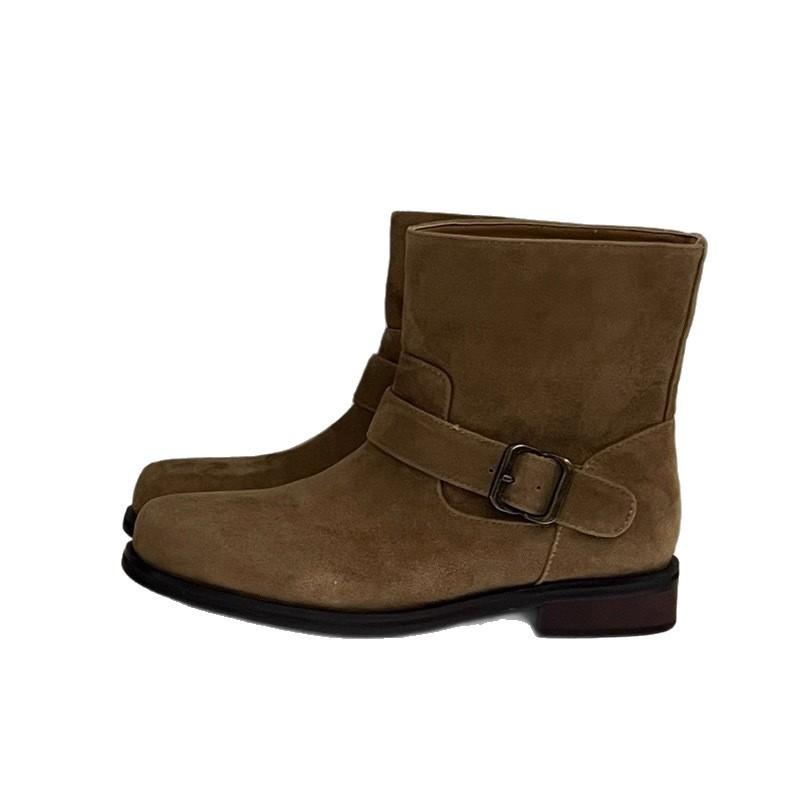 Sheepskin Version~ Retro Suede Matte Round Head Thick Heel Belt Buckle Short Boots Women's 2025 Western Cowboy Boots Martin Boots
