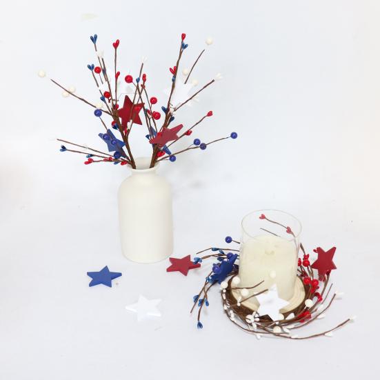 Patriotic Candle Ring Wreath Red White Blue Star Mixed Artificial Berry Candle Wreath Mini Pillar Candle Holder for 4th of July Tabletop Decor