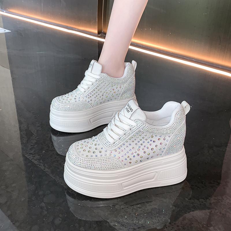 Fashion 10cm Crystal Synthetic Microfiber Chunky Sneakers Women Shoes Platform Wedge Hidden Heels Sandals Leather Pumps Flats
