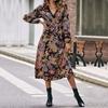 Temperament and Elegance Outer Wear Spring and Autumn Fashion Women's V-neck Printed Long-sleeved Dresses