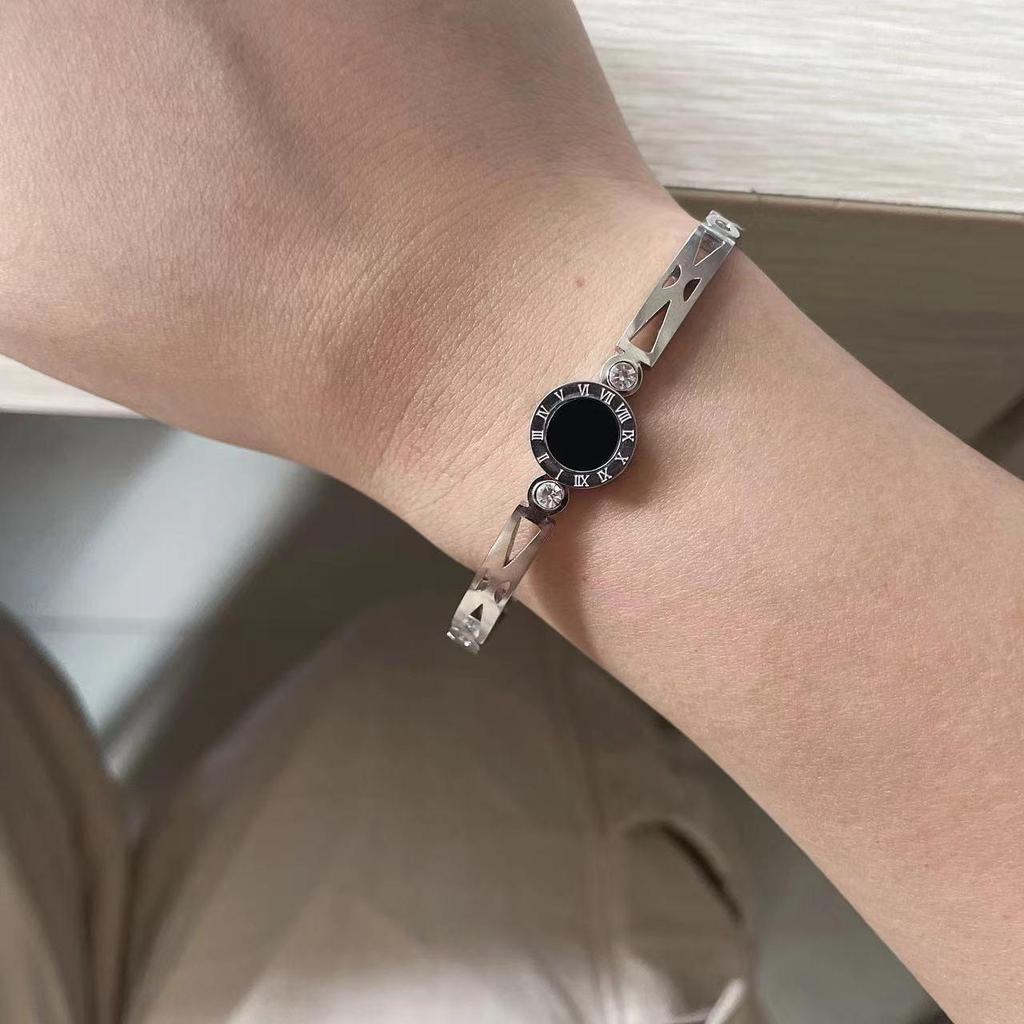 High-End Women's Silver Titanium Steel Zircon Bangle Bracelet