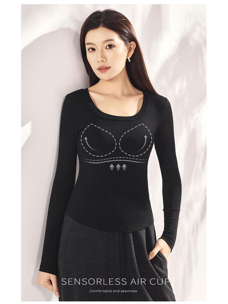 Women's Tencel Bamboo Fiber Long Sleeve Base Shirt with Chest Pad - Autumn/Winter Slimming Top