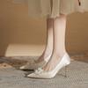 Champagne Satin Wedding Shoes Thin Heel Pointed Head Light Mouth Rhinestone Square Buckle High Heels Bride Bridesmaid Shoes