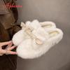 Fashion Aphixta Cute Butterfly Knot Design Solid Color Indoor Slipper Soft Warm Women Furry Mule Shoes Flat With Anti-skip Women Shoes